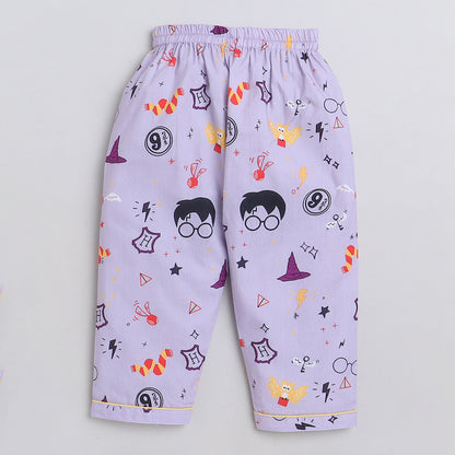 Unisex Premium Cotton Full Sleeves Potter Themed Printed Night Suit - Purple