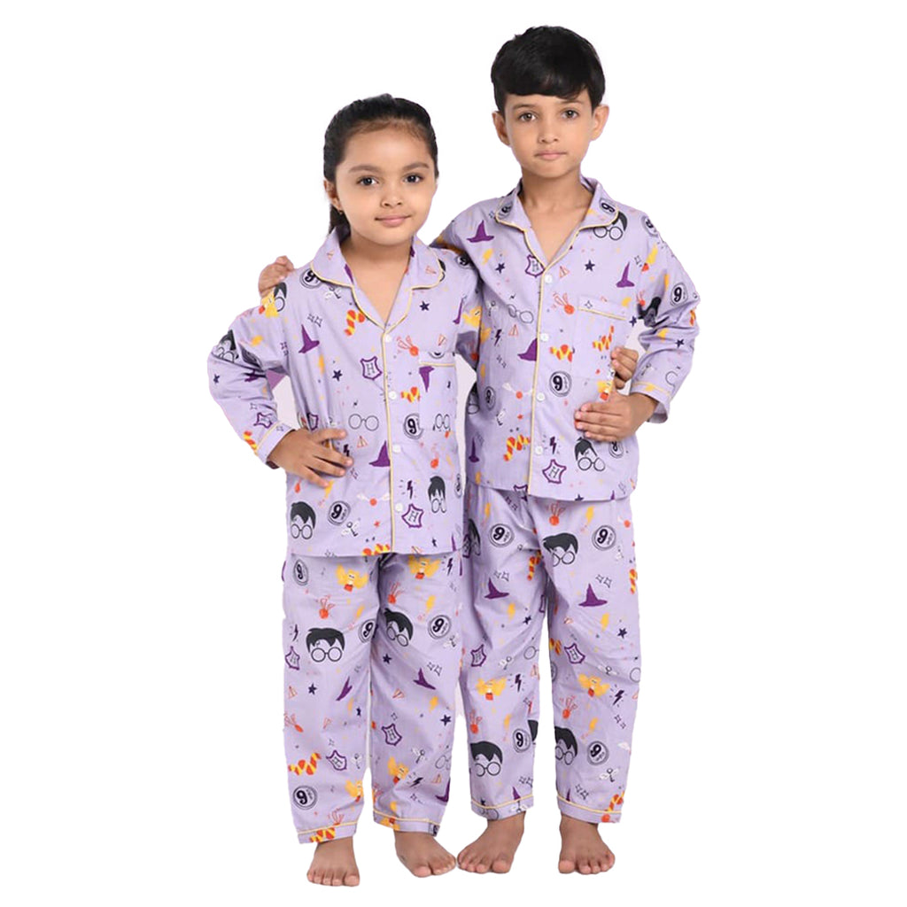 Unisex Premium Cotton Full Sleeves Potter Themed Printed Night Suit - Purple
