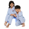 Unisex Stripes Night Suit With Cute Little Heartbreaker Embroidery On Pocket - Light Blue