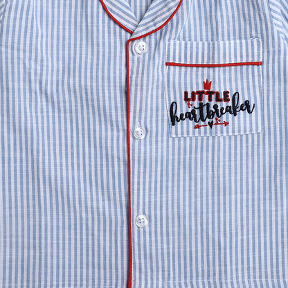 Unisex Stripes Night Suit With Cute Little Heartbreaker Embroidery On Pocket - Light Blue