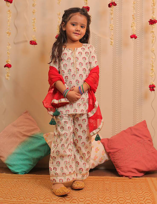 White And Cherry Red Block Printed Full Length Kurta With Dupatta