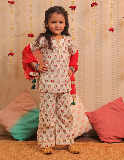 White and Cherry Red Block Printed Full Length Kurta with Dupatta