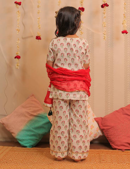 White and Cherry Red Block Printed Full Length Kurta with Dupatta