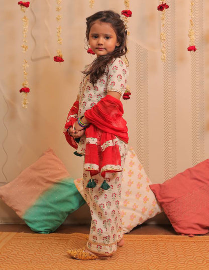 White and Cherry Red Block Printed Full Length Kurta with Dupatta
