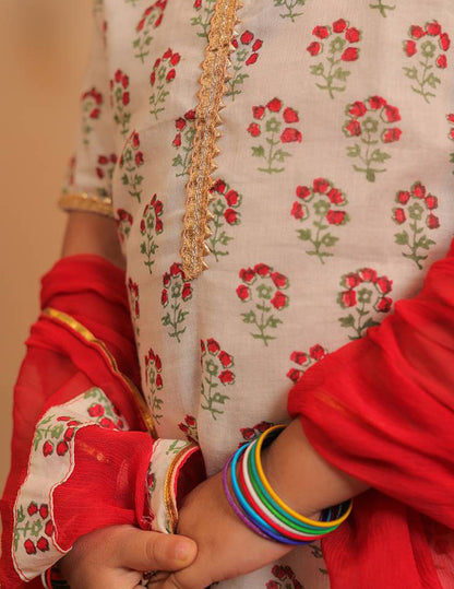 White and Cherry Red Block Printed Full Length Kurta with Dupatta