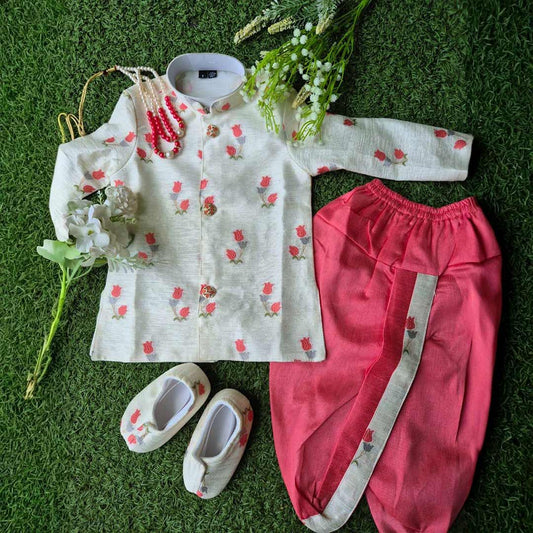 Cream & Peach Tusser Silk Kurta Dhoti Set for Baby Boys (6M–2.5Y)