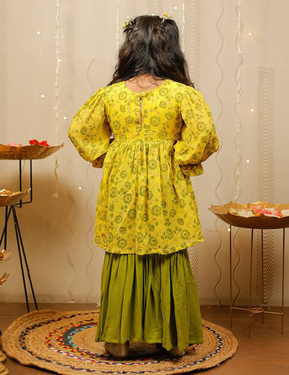 Yellow and Green Block Printed Kurta with Sharara Set
