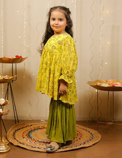 Yellow and Green Block Printed Kurta with Sharara Set