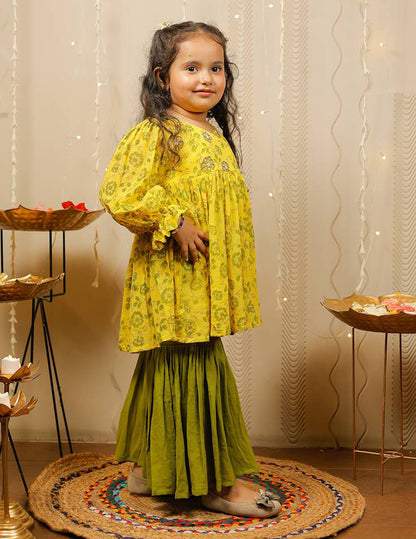 Yellow and Green Block Printed Kurta with Sharara Set