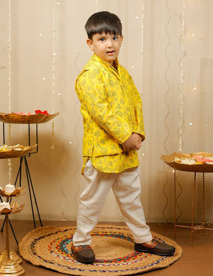 Yellow and Off White Kurta Pyjama Set with Jacket