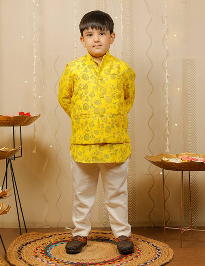 Yellow and Off White Kurta Pyjama Set with Jacket