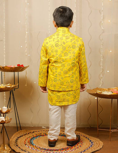 Yellow and Off White Kurta Pyjama Set with Jacket