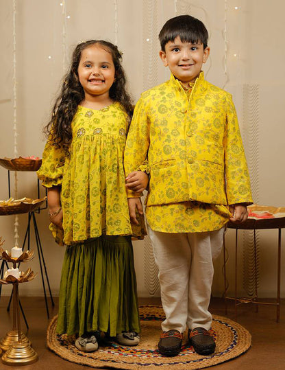 Yellow and Off White Kurta Pyjama Set with Jacket