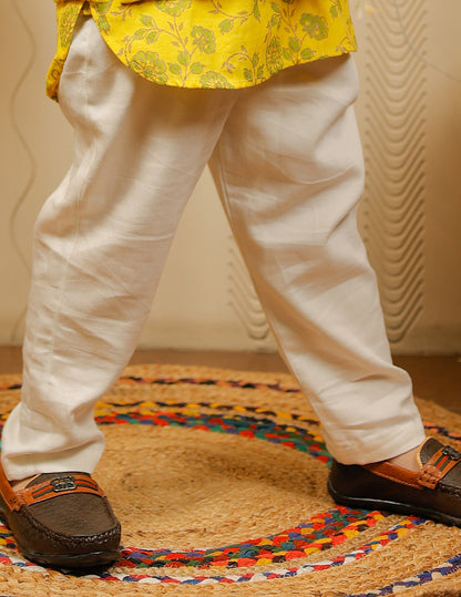 Yellow and Off White Kurta Pyjama Set with Jacket