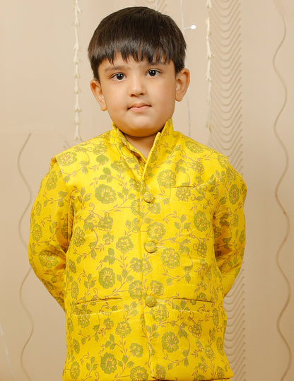 Yellow and Off White Kurta Pyjama Set with Jacket