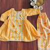 Yellow and Orange Front Panel Cotton Kurta with Pants for Girls