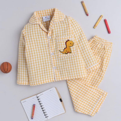 Unisex Night Suit with Yellow dinosaur Embroidery On Pocket - Yellow & White